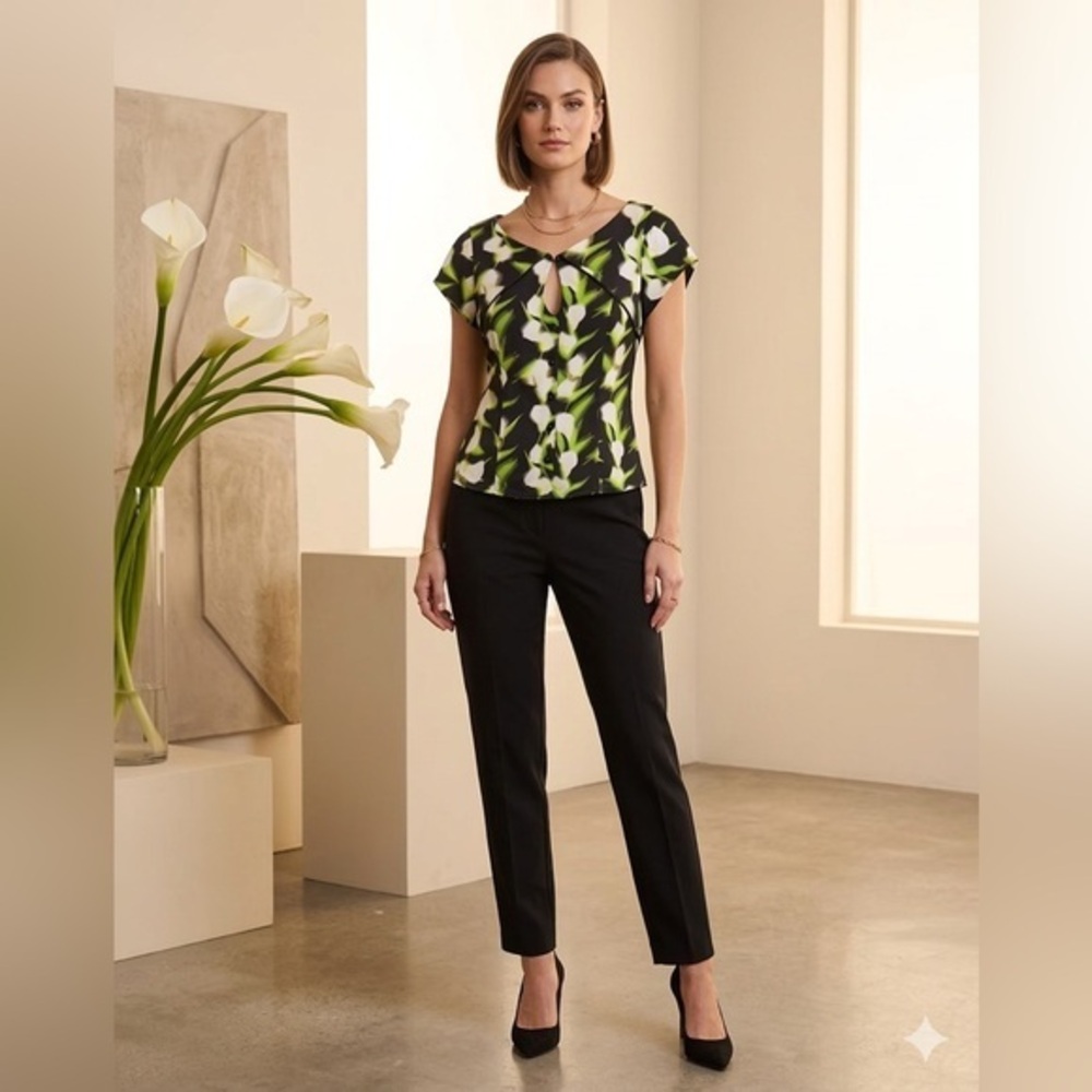 Zac Zac Posen 2 Lily White Floral Short Sleeve Green Black Blouse Top XS Cut Out